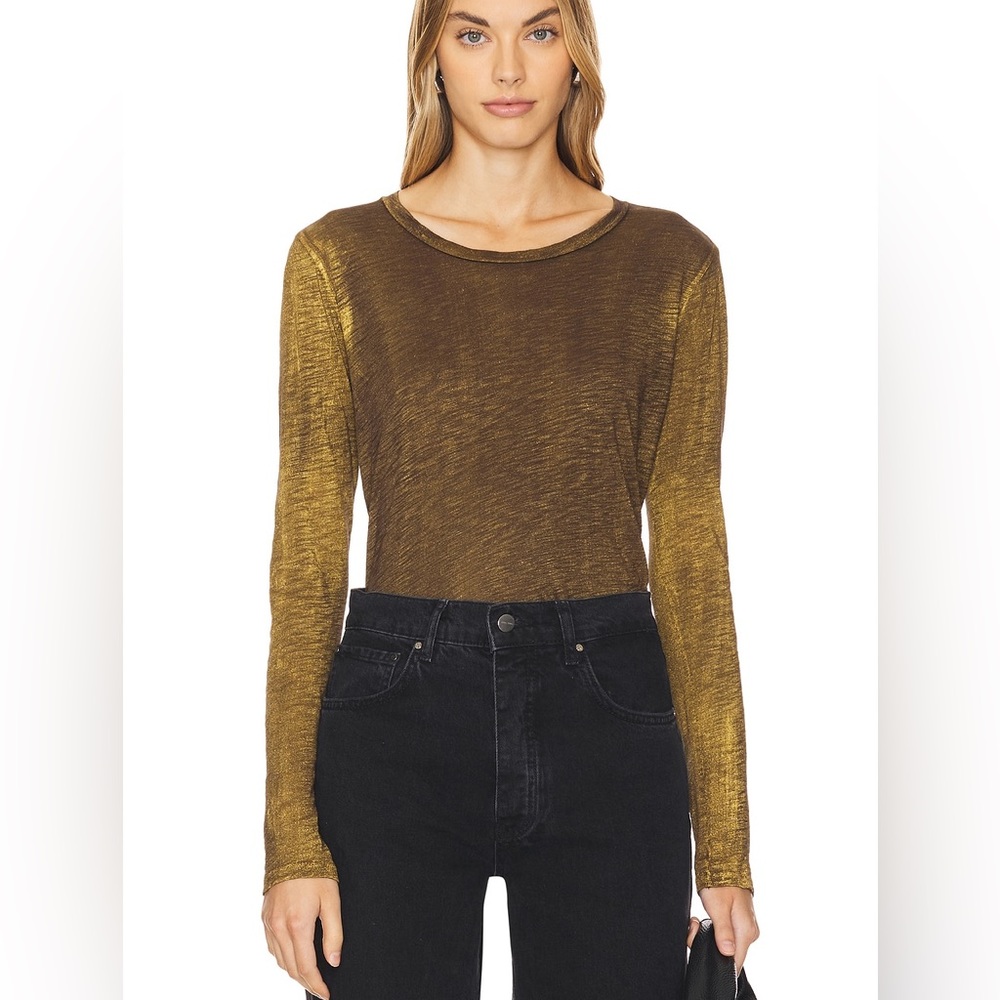 Goldie Long Sleeve Classic Metallic Spray Top in Coffee With Gold